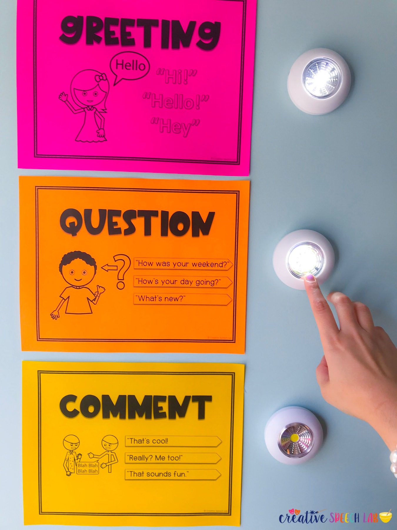 Speech therapy room decor displaying conversation visuals with tap lights.