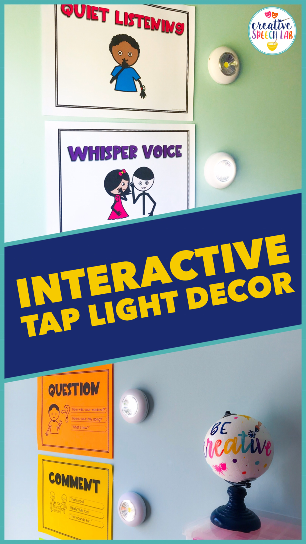 Interactive speech therapy room decor display with tap lights