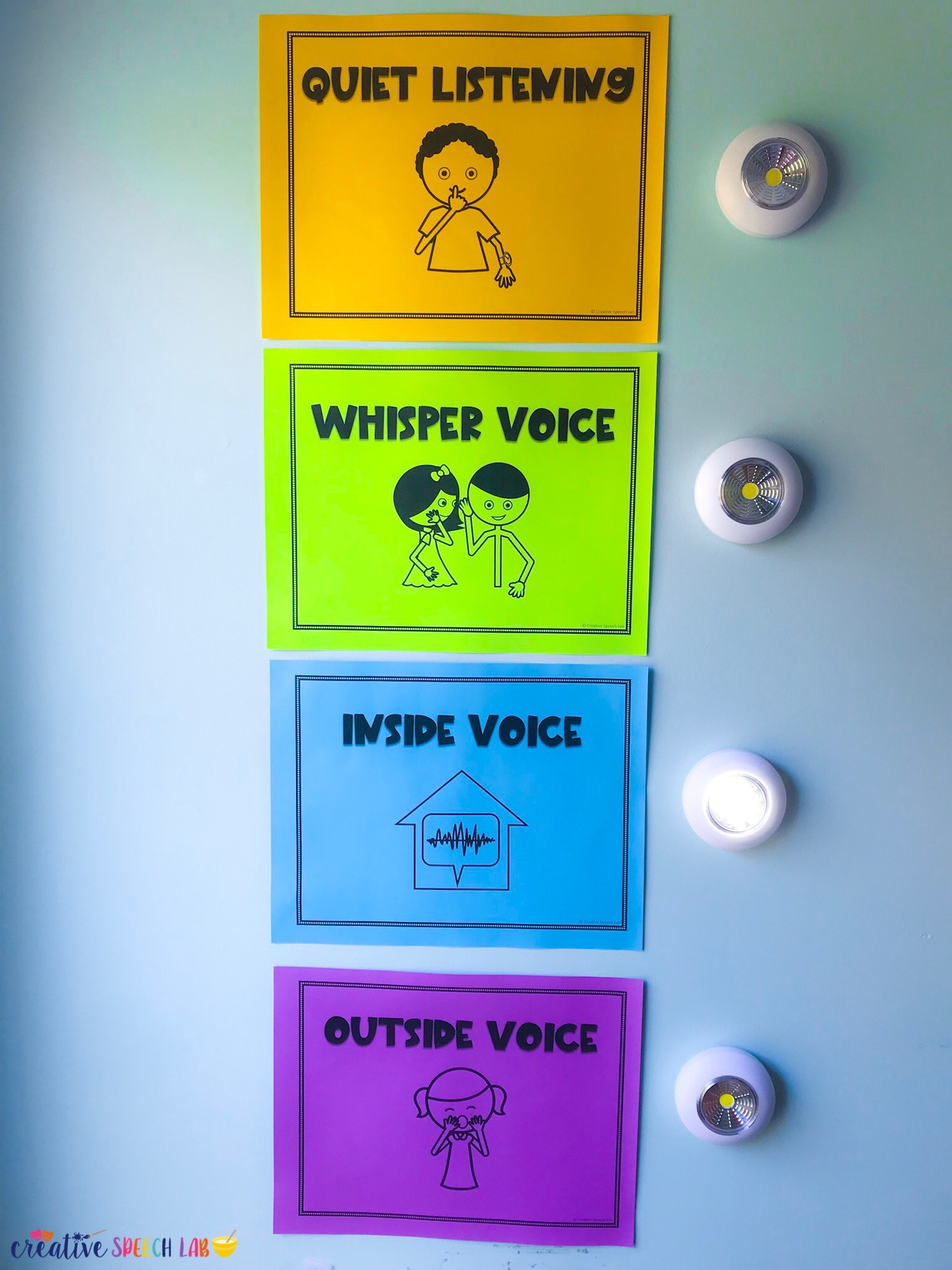 Speech therapy room decor displaying voice levels with tap lights