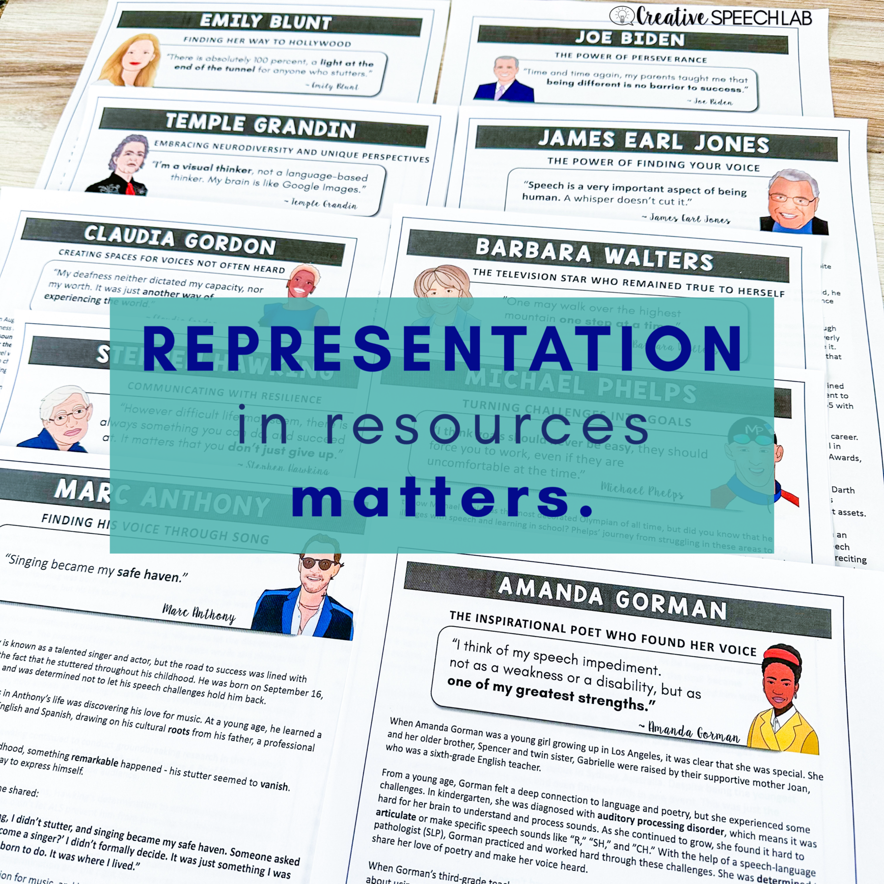 Photo of nonfiction texts featuring celebrities with speech and language differences. The text on the image reads "Representation in resources matters"