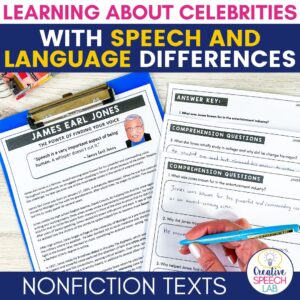 Learning About Celebrities with Speech and Language Differences resource cover featuring a nonfiction text about James Earl Jones' accomplishments.