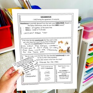 photo showing sample of Single Page Vocabulary Activities resource, which incorporates semantic webbing